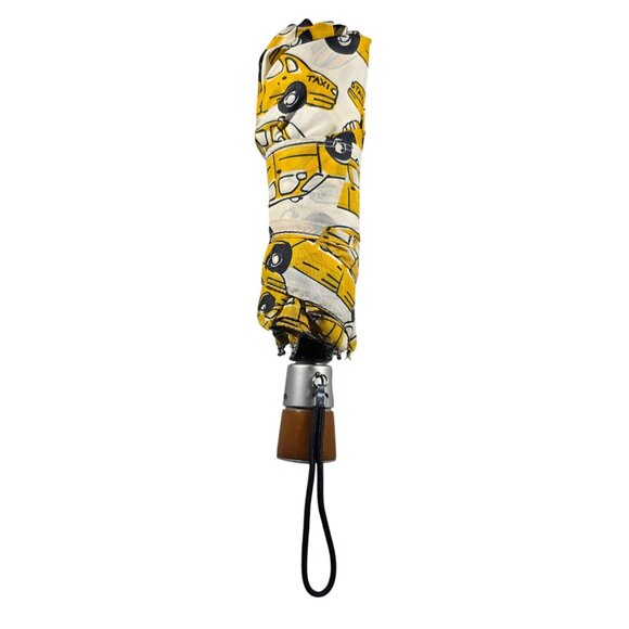 Totes Compact Umbrella With Yellow Taxi Print Wooden Handle - Picture 1 of 4